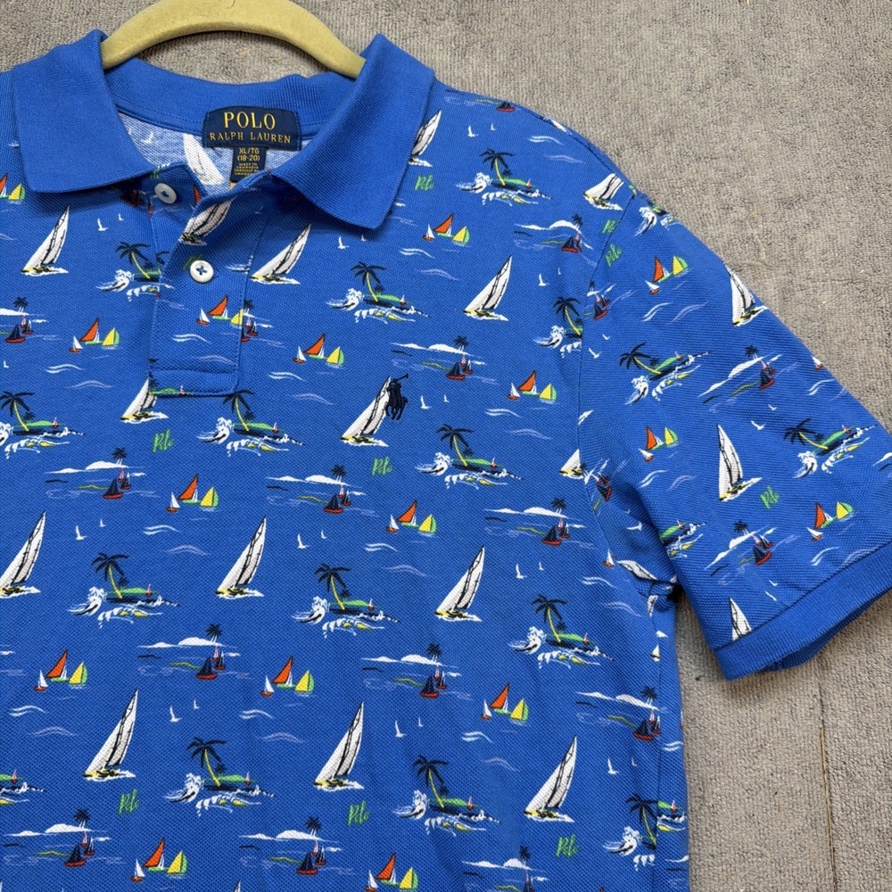 Polo Ralph Lauren Boys Polo Shirt Blue‎ Sailboat Print XL 18-20